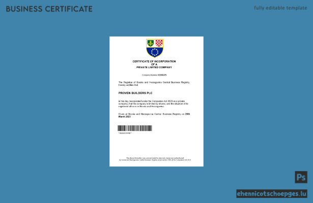 Bosnien und Herzegowina Registrierungsurkunde – Word- und PDF-Beispielvorschau